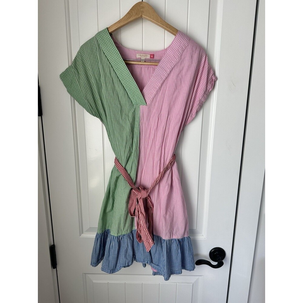 Pink Chicken NY Plaid Dress Pink Color Block V Neck Ruffle Boho Peasant Sz Small